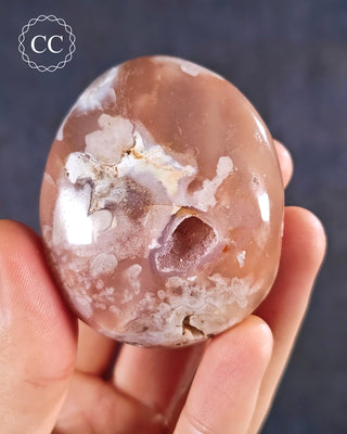 A hand holding a Flower Agate Chunky Palmstone from Madagascar
