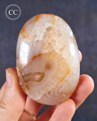 A hand holding a Flower Agate Chunky Palmstone from Madagascar