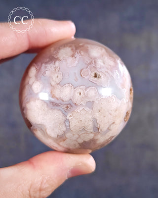 A hand holding a Flower Agate Sphere from Madagascar