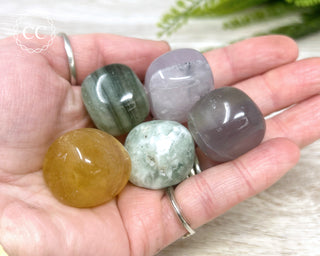 A hand holding 5 Fluorite Pebbles 