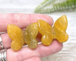 A hand holding two Golden Healer butterfly carvings 