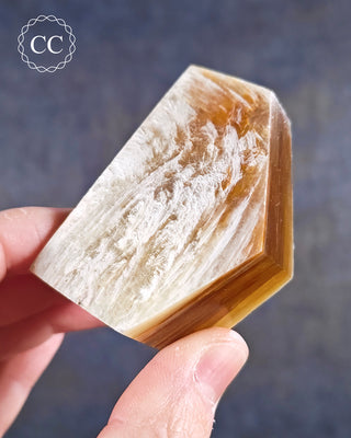 A hand holding a Golden Mica Freeform 