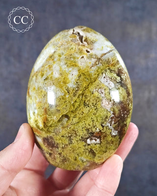 A hand holding a Green Opal Freeform from Madagascar