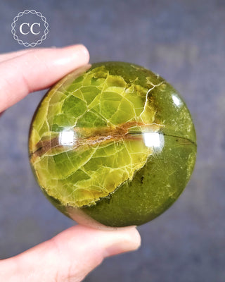 A hand holding a Green Opal sphere from Madagascar