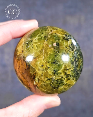 A hand holding a Green Opal Sphere from Madagascar