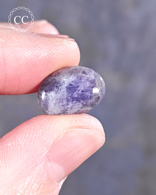 A hand holding a Hackmanite polished pebble 