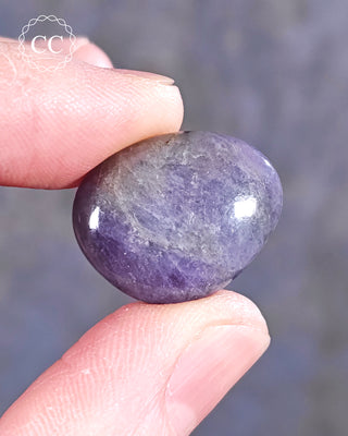 A hand holding a Hackmanite polished pebble 