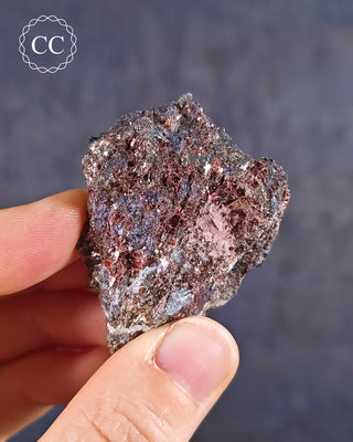 Alurgite Mica and deep blue/purple Violan from Italy, held in a hand.