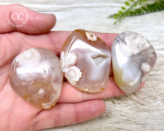 Flower Agate Flat Palm Stones in hand