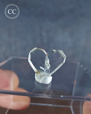A Japan Law Twin Quartz from Namibia displayed on a clear box 
