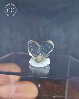 A Japan Law Twin Quartz from Namibia displayed on a clear box 