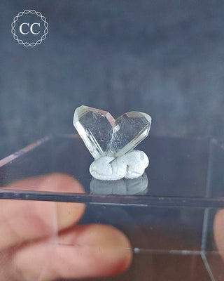 A Japan Law Twin Quartz from Namibia displayed on a clear box 