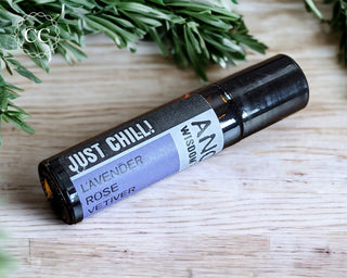 Just Chill  Essential Oil Rollerball perfume on wooden table