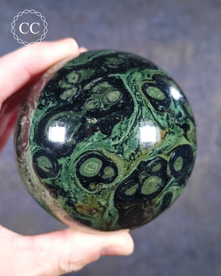 A hand holding a Kambaba Sphere from Madagascar 