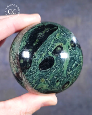 A hand holding a Kambaba Sphere from Madagascar 