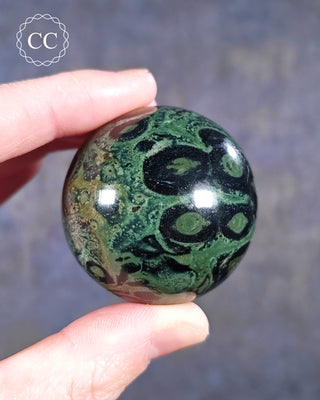 A hand holding a Kambaba Sphere from Madagascar 