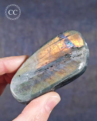 A hand holding a Labradorite Chunky Palmstone from Madagascar