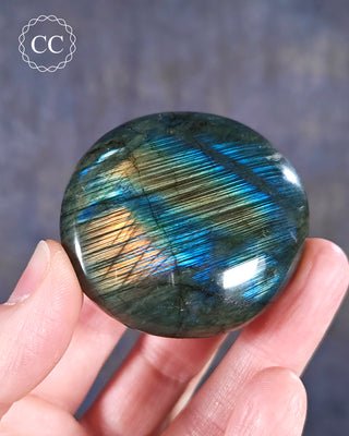 A hand holding a Labradorite Palmstone from Madagascar
