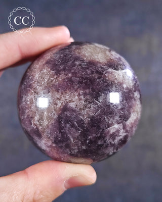 A hand holding a Lepidolite sphere from Madagascar