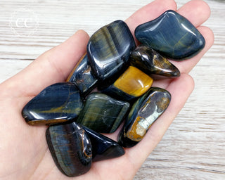 Mixed Tigers Eye Tumbled Crystals in hand