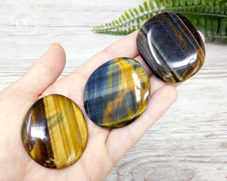 Blue Gold Tigers Eye Palm Stones in hand