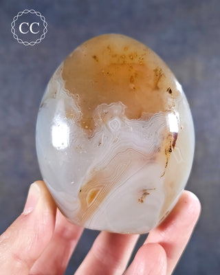 A hand holding a Madgascar Agate freeform