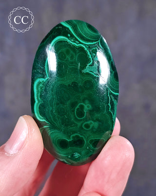 A hand holding a Malachite palmstone