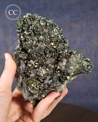 A hand holding a specimen of Marcasite with Pyrite with some Quartz from Morocco