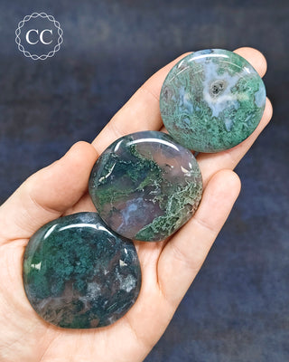 Moss Agate Palm Stones in hand