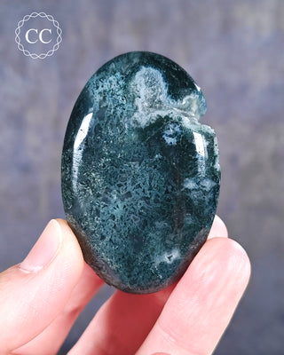 A hand holding a Moss Agate Palmstone