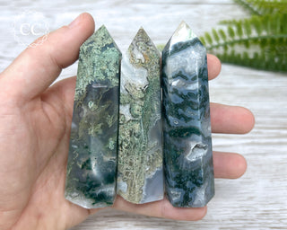 Moss Agate Towers in hand