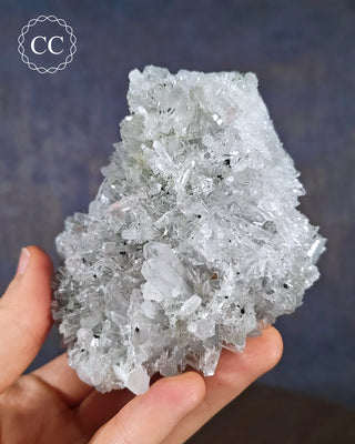 A hand holding a Needle Quartz cluster from Bulgaria
