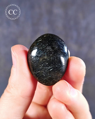 Nuummite Polished pebble in hand on blue background