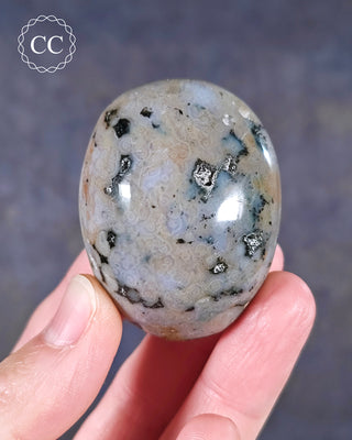 A hand holding an Ocean Jasper palmstone from Madagascar