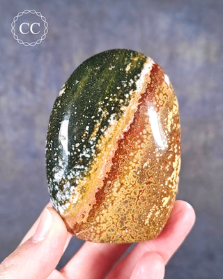 A hand holding an Ocean Jasper freeform from Madagascar 