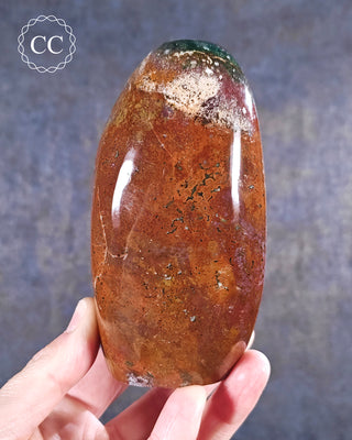 A hand holding an Ocean Jasper freeform from Madagascar