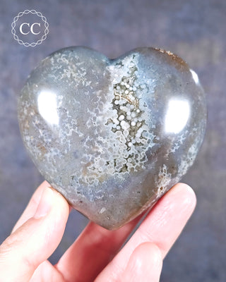 A hand holding an Ocean Jasper heart from Madagascar