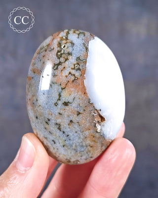 A hand holding an Ocean Jasper Palmstone from Madagascar