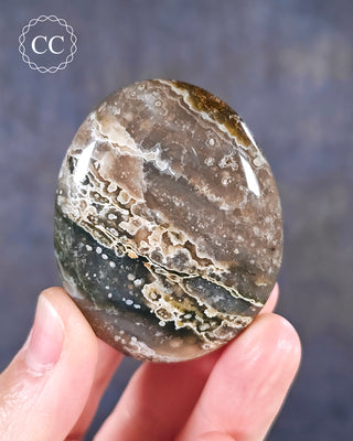 A hand holding an Ocean Jasper Palmstone from Madagascar