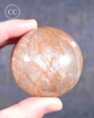 A hand holding a Peach Moonstone Sphere from Madagascar 
