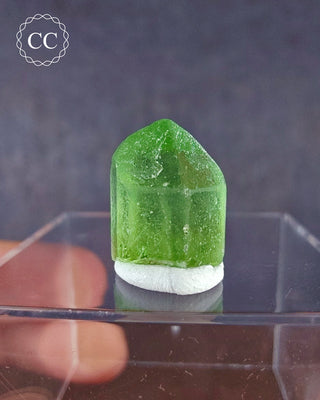 A terminated Peridot crystal from Sapat Gali in Pakistan displayed on a clear display box 
