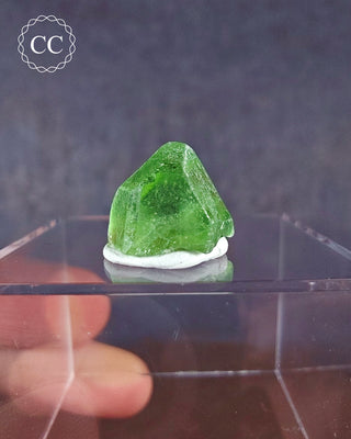 A terminated Peridot crystal from Sapat Gali in Pakistan displayed on a clear display box 