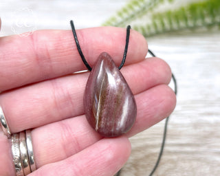 A hand holding one Petrified Wood teardrop pendant on a black cord 
