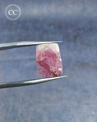 Gemstone tweezers holding a Pink Tourmaline Cabochon from Siberia 