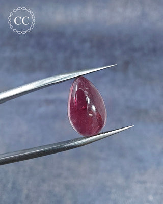 Gemstone tweezers holding a Pink Tourmaline Cabochon from Siberia 