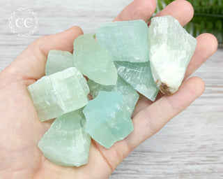 Pistachio Calcite Raw Crystals in hand