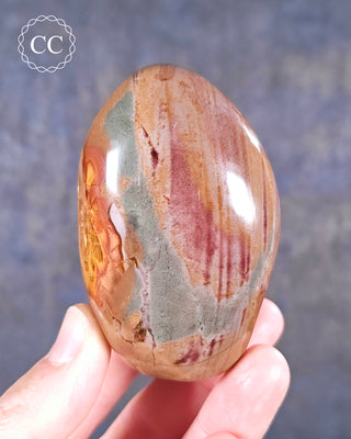 A hand holding a Polychrome Jasper freeform from Madagascar