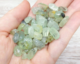 Prehnite with Epidote Crystal Chips in hand