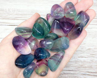 A Grade Rainbow Fluorite Tumbled Crystals in hand