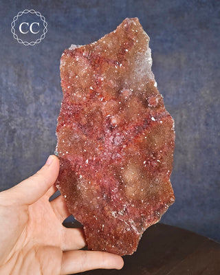 A hand holding a Red Flower Amethyst specimen 